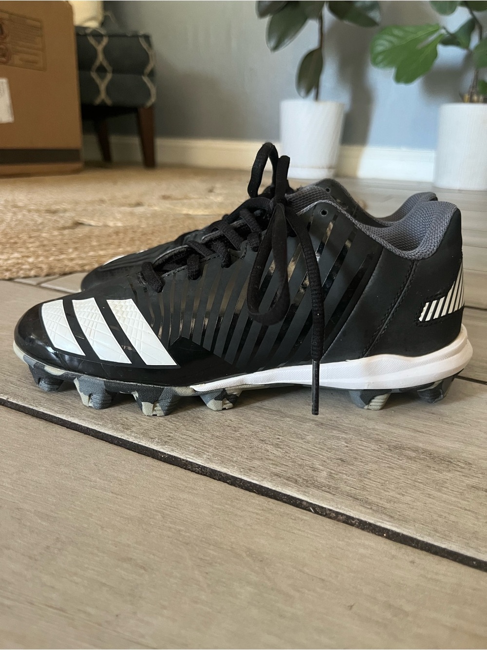 adidas Black and White Kids Baseball Cleats with Striped Accents